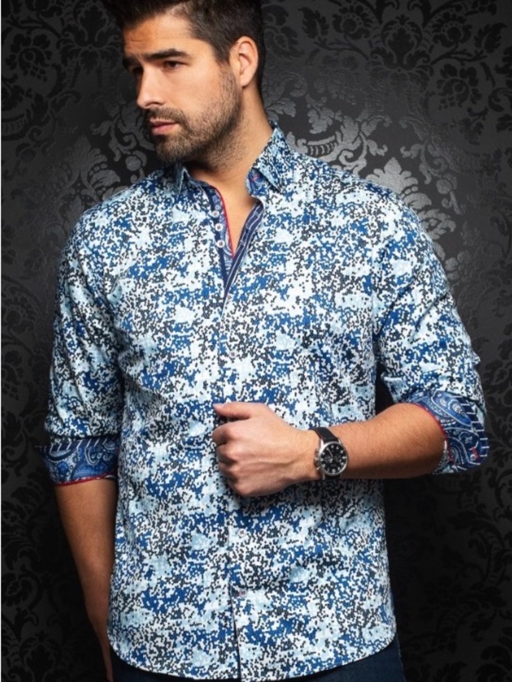 Au Noir Men's Blue Slim Fitting Pixel-Print Long Sleeve Button-Down Shirt.